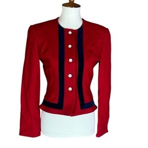 Vintage Giorgio Armani Jeans red wool blend jacket with blue velvet trim Small